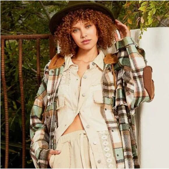 New without tags POL, Plaid Trucker Jacket, Sage Mocha Oversized Cotton SZ S - Picture 2 of 12